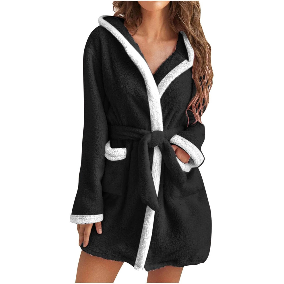 (XXL, 002* Black) Womens Fuzzy Robes Hooded Short Robe Fall Winte Mid Length Bathrobe Belted Soft Bath Robes Plush Robe with Pockets Winter Spa Robes