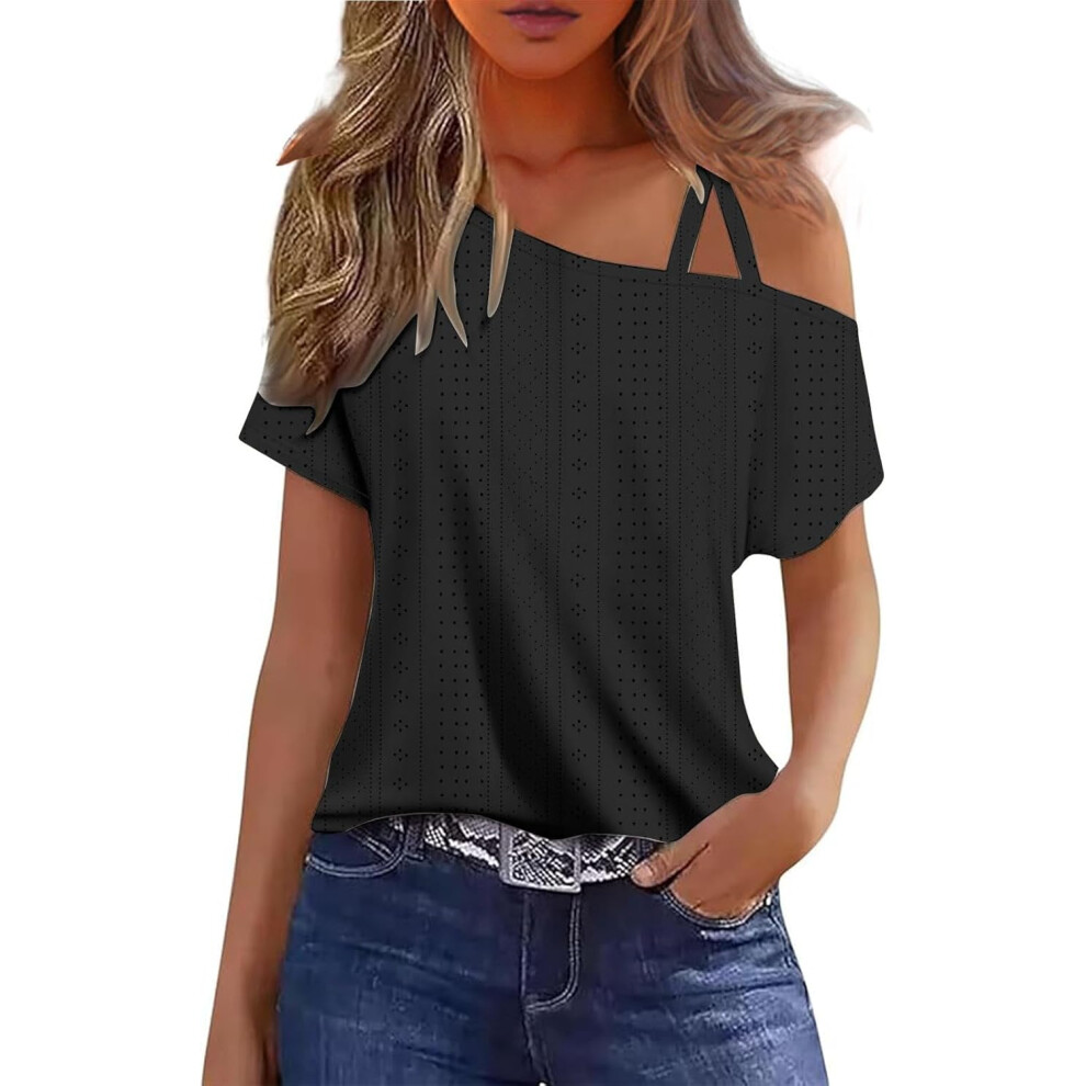 (L, 001* Black) Ladies Summer Tops Women's Solid Color Short Sleeved Off Shoulder Camisole T-Shirt Loose Pullover Top Ladies Tops Casual Dressy Basic T Shirts Loose F