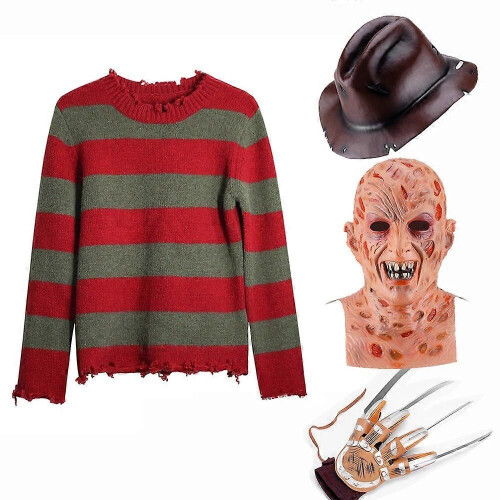 (L-setti A) Freddy Krueger Cosplay-asu aikuisille, punainen raidallinen neulontatakki, hattu, naamio