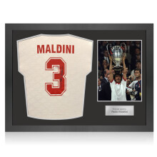 Paolo Maldini Signed AC Milan 1994 European Cup Final Football Shirt. Icon Frame