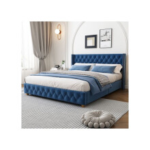 Lit capitonné 160x200 cm - Velours bleu - Sommier à lattes - Tête de lit avec rivets - Pieds en bois massif
