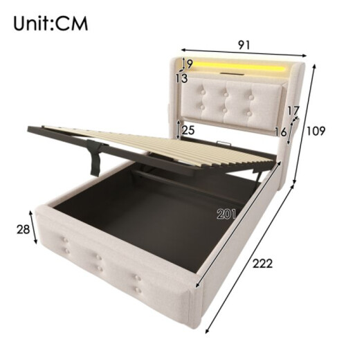 Cama 90x200 - MUVOE - Cabecero LED - Cargador USB - Beige - Algodón 1