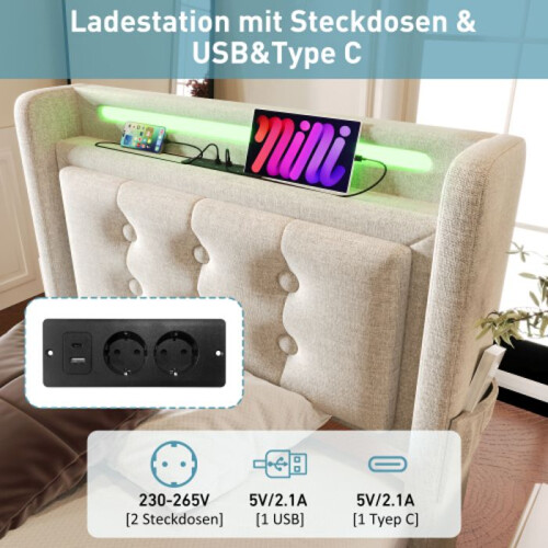 Cama 90x200 - MUVOE - Cabecero LED - Cargador USB - Beige - Algodón 2
