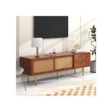 TV-meubel - MUVOE - 160 cm - 2 lades - 2 schuifdeuren - Synthetisch riet