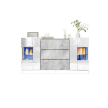 Elegantti buffet, 2 ovea ja 3 vientä - Kiiltävä valkoinen ja harmaa marmoritaso, LED-valaistus 16 väriä, 140 x 35 x 75 cm