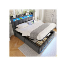 Verkrijgbaar: Bed van 140*200 cm met LED-verlichting en USB-aansluiting, hoofdbord met planken en opbergruimte.