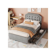 Lit plat 90*200 cm, gestoffeerd bed, gestoffeerde nachtkast met decoratieve nagels, dubbele lades, grijs