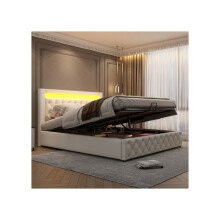 Cama tapizada - MUVOE - 140 x 200 cm - Iluminación LED - Almacenamiento integrado - Blanco