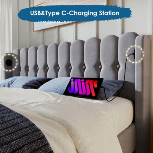 Lit - MUVOE - 160x200 cm - Imbottito grigio - USB Tipo C - 2 posti 2