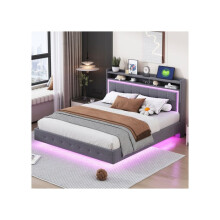 Verkottu sänky - MUVOE - 160x200 cm - USB-liitäntä - LED-valaistus - Harmaa pellavakangas