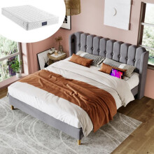 Lit - MUVOE - 160x200 cm - Pehmustettu harmaana - USB Type C - 2 paikkaa