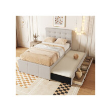 Cama tapizada - MUVOE - 90x200cm - Beige - 3 cajones - Cabecera ajustable