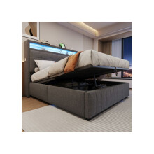Lit capitonné 160x200 cm - MUVOE - Tête de lit avec éclairage LED - Prise USB - Rangement intégré