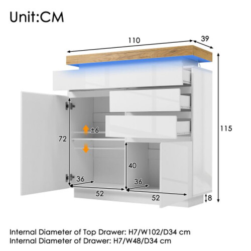 Commode - MUVOE - Buffet Brillant - 2 Portes - 3 Tiroirs - Éclairage LED 1