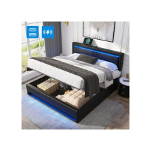 Cama tapizada - MUVOE - 160 x 200 cm - Puerto USB - Iluminación LED - Almacenamiento bajo la cama