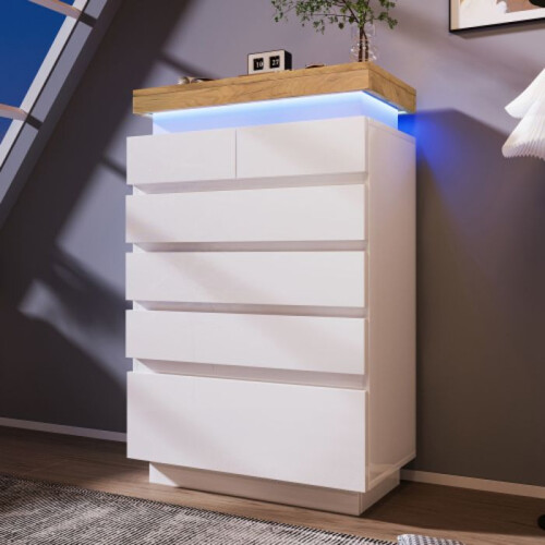 Commode - MUVOE - 6 Tiroirs - Éclairage LED - Brillant - 115 x 73 x 39 cm