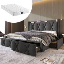 Kaksinkertainen sänky - MUVOE - 140x200 cm - Pääty USB:llä - 4 säilytyslaatikkoa - Harmaa