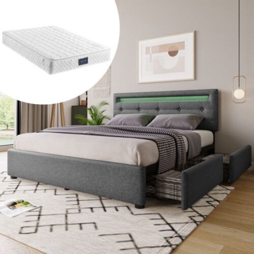 Cadre de lit - MUVOE - 140x200 cm - avec éclairage LED - 4 tiroirs - gris