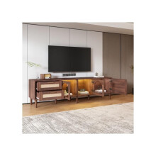 TV-meubel - MUVOE - 180 cm - 2 rotan lades - 2 gebogen glazen deuren - Bruin hout