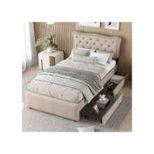 Lit 90x200 cm - MUVOE - Rembourré - Beige foncé - Tiroirs de rangement - Design élégant