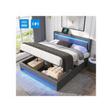 Cama tapizada - MUVOE - 160 x 200 cm - USB - Iluminación LED - Almacenamiento integrado
