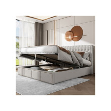 Lit - MUVOE - 160 x 200 cm - Rembourré en lin - Rivets décoratifs - 2 places - Gris clair