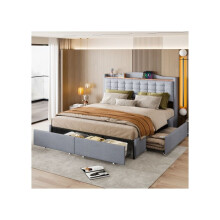Lit double rembourré - MUVOE - 160x200 cm - Tiroirs de rangement - Prise USB intégrée - Tissu lin gris