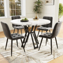 Eettafel set - MUVOE - 5 delen - Zwarte poten - Witte marmeren blad - Grijze fluwelen stoelen