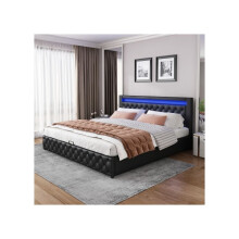 Lit rembourré - MUVOE - 140 x 200 cm - Noir - Éclairage LED - Rangement intégré