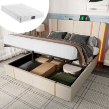 Pehmustettu sänky - MUVOE - 140x200 - Beige pellavakangas - USB-lataustoiminto - RGB-LED-valaistus