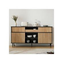 Comoda - MUVOE - 4 portas deslizantes - Carvalho e preto - 160 L x 40 P x 80 H - Contemporâneo