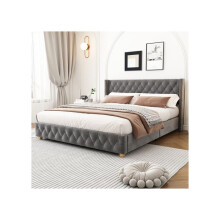 Lit - MUVOE - 140x190 cm - Velours gris - Sommier Ă lattes - 2 places