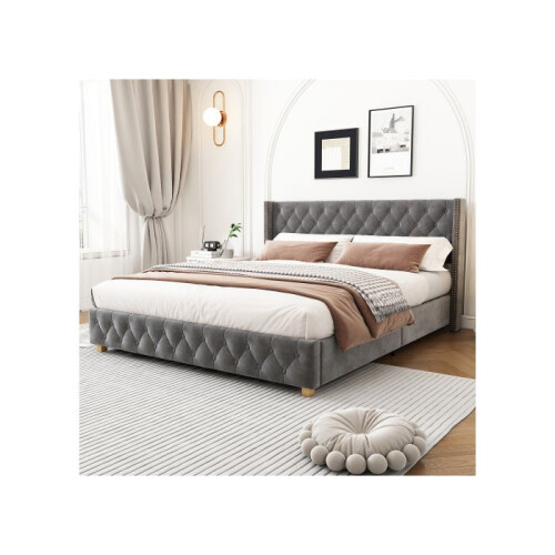Lit - MUVOE - 140x190 cm - Velluto grigio - Rete a doghe - 2 posti