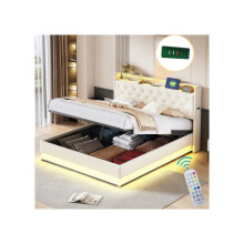 Lit - MUVOE - 160x200 cm - LED USB:llä - Hydraulinen säilytys - Beigen värinen pellavakangas