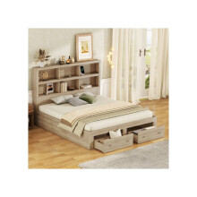 Letto doppio - MUVOE - 160x200 cm - Testata con contenitore - 6 ripiani - 2 cassetti