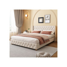 Lit capitonné - MUVOE - 160x200 cm - Lin beige - Sommier à lattes - Pieds en bois rond
