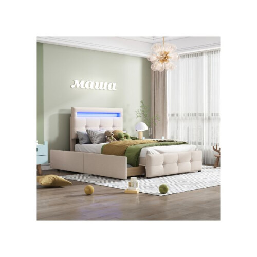 Lit 90x200 cm - MUVOE - Rembourré - Éclairage LED - 2 tiroirs - Beige 1