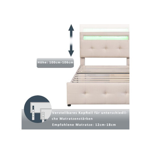 Lit 90x200 cm - MUVOE - Rembourré - Éclairage LED - 2 tiroirs - Beige 2