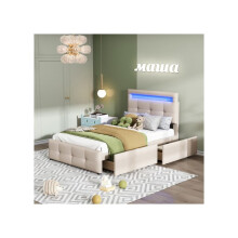 Lit 90x200 cm - MUVOE - Rembourré - Éclairage LED - 2 tiroirs - Beige