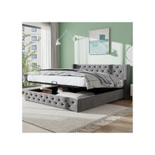 Lit capitonné - MUVOE - 160x200 - Gris - Tête haute - Rangement intégré