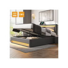 Lit rembourré - MUVOE - 140x190 cm - Port USB - Éclairage LED - Rangement intégré