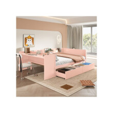 Cama doble de madera - MUVOE - 140x200 cm - con escritorio - 2 cajones - color rosa