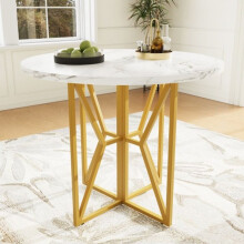 Ronde eettafel - MUVOE - 80x80 cm - gemarmerd MDF - Gouden poten - 4 plaatsen