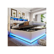 Lit LED - MUVOE - 180 x 200 cm - Prise USB - Rangement hydraulique - Tissu lin beige