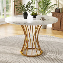 Mesa de jantar redonda - MUVOE - 80x80 cm - MDF marmorizado - Pés dourados - 4 lugares