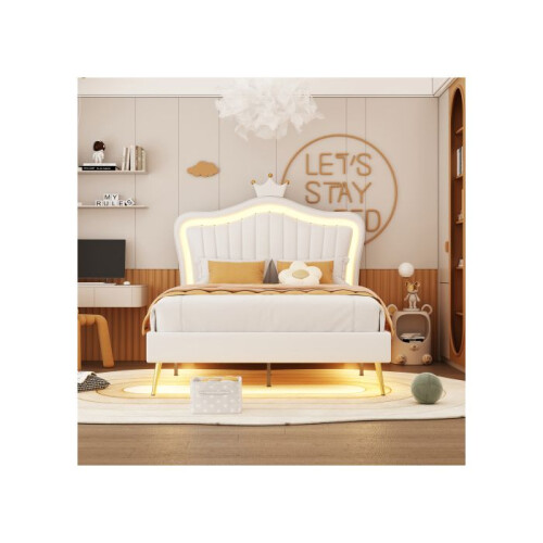 Lit d'enfant - MUVOE - 90 x 200 cm - Cuir PU blanc - Éclairage LED - Design coquillage 1