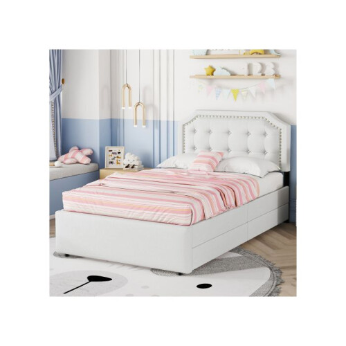 Lit - MUVOE - 90x200 cm - Beige chiaro - Imbottito con cassetti - Design elegante 2
