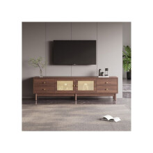 Televisiemeubel - MUVOE - 180 cm - Donker hout - 2 rotan deuren - 4 ruime lades