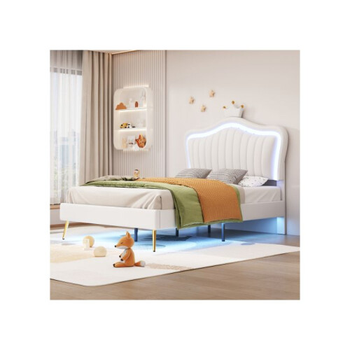 Lit d'enfant - MUVOE - 90 x 200 cm - Cuir PU blanc - Éclairage LED - Design coquillage 2
