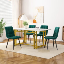 Eettafel - Goud - 120x70cm - 4 stoelen - Groene velvet - Gouden metaal
